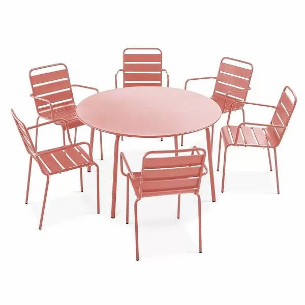 RETIF Ensemble Table D'Exterieur Ronde Et 6 Fauteuils Acier Argile