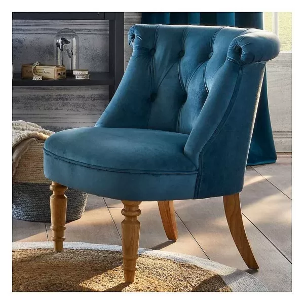 RETIF Fauteuil Crapaud En Velours Bleu Et Pieds En Bois