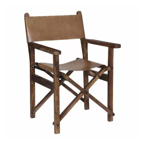 RETIF Fauteuil En Cuir Marron Et Bois De Manguier H86Cm