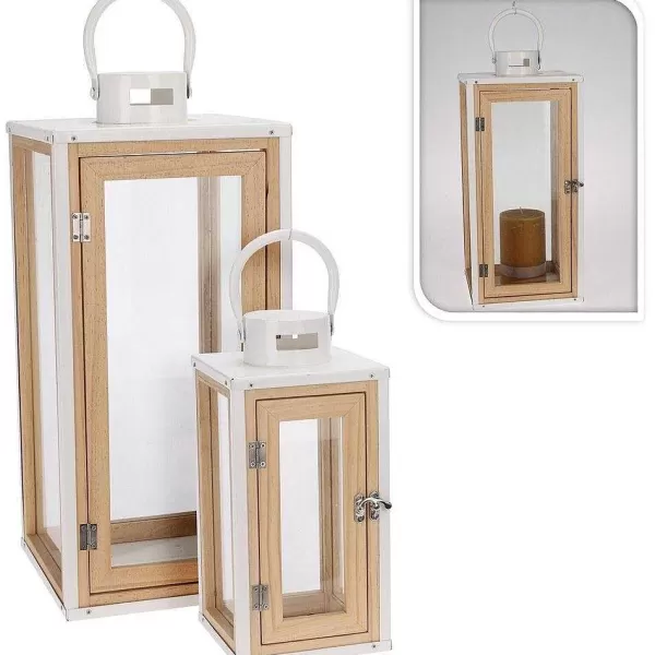 RETIF Lanternes Bois Naturel Et Blanc 14,5X14,5X30.5+20X20X45,5 Cm